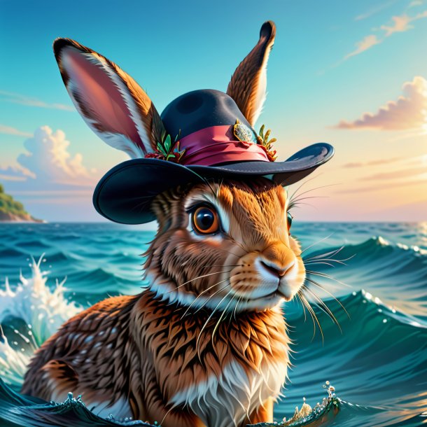 Illustration of a hare in a hat in the sea