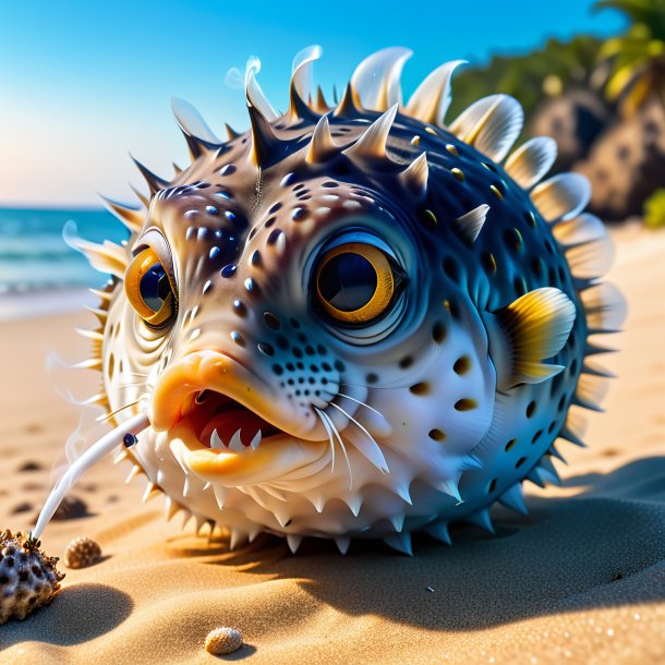 Pic of a smoking of a pufferfish on the beach