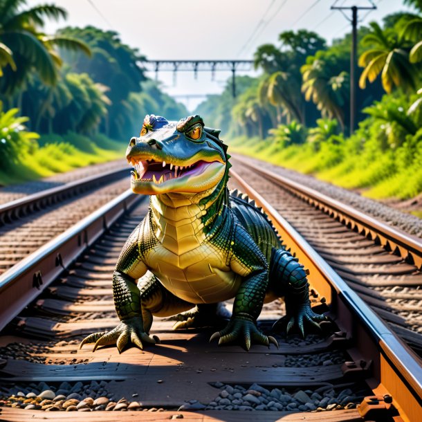 Foto de uma dança de um jacaré nos trilhos ferroviários