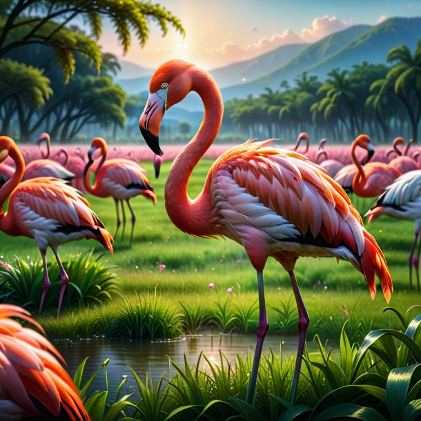 Image of a crying of a flamingo in the meadow