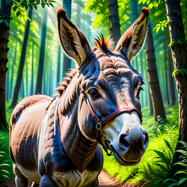 Photo of a smiling of a donkey in the forest