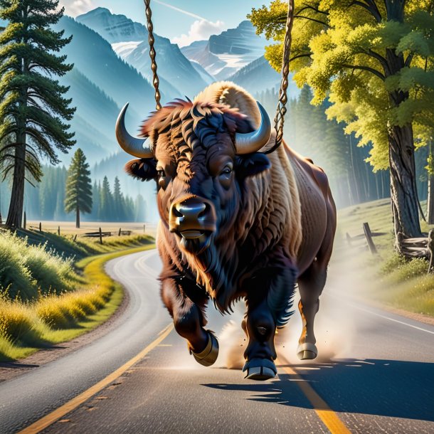 Image of a swinging on a swing of a bison on the road