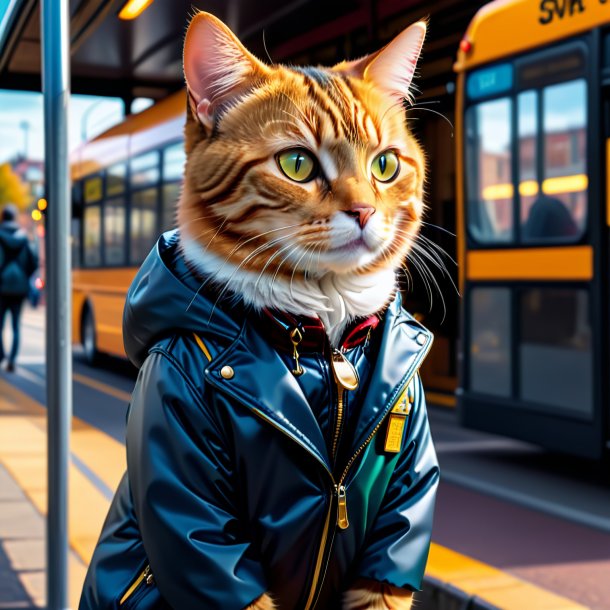 Photo d'un chat dans une veste sur l'arrêt de bus