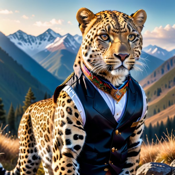 Picture of a leopard in a vest in the mountains