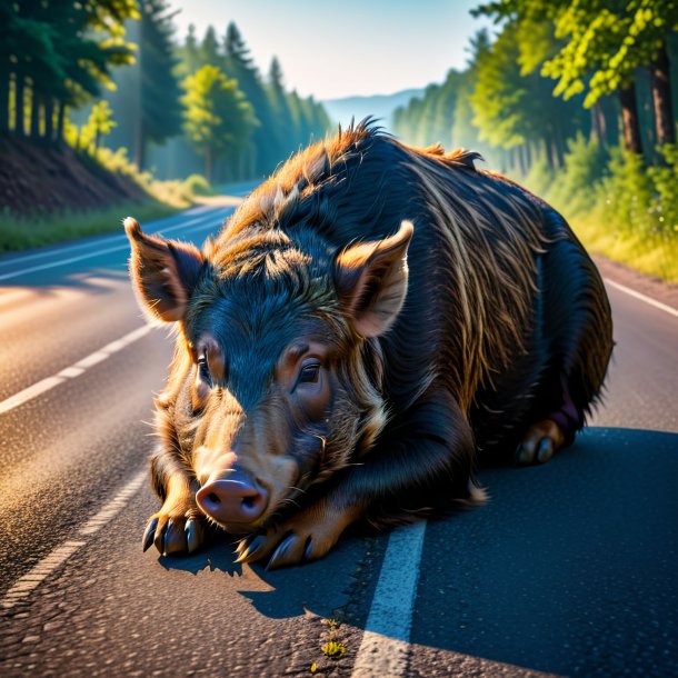 Image of a resting of a boar on the road