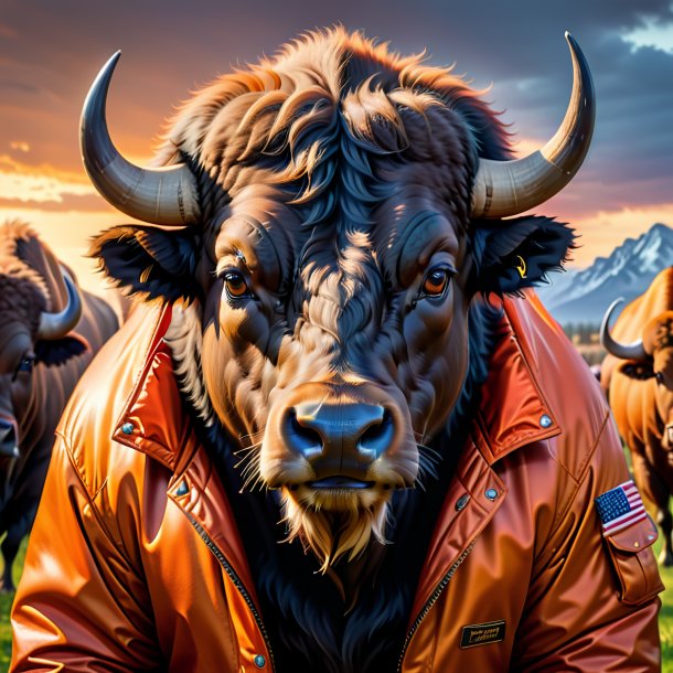 Image of a buffalo in a orange jacket