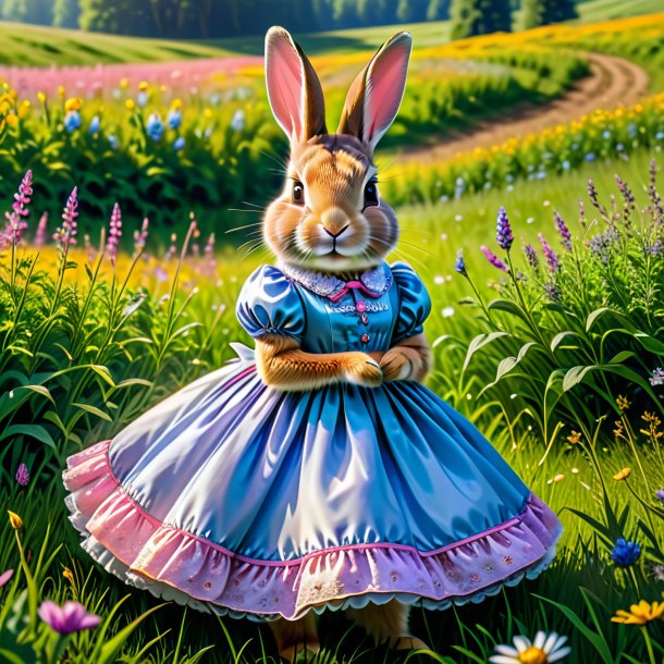 Pic d'un lapin dans une robe dans la prairie