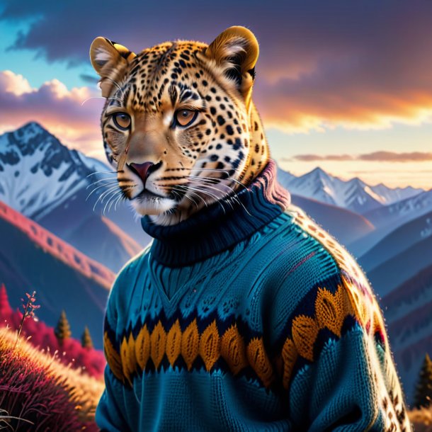 Photo of a leopard in a sweater in the mountains