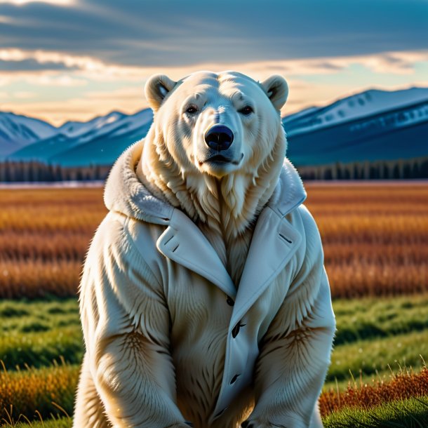 Pic of a polar bear in a coat on the field