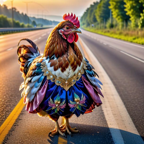 Foto de una gallina en un vestido en la carretera