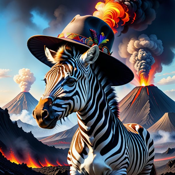 Drawing of a zebra in a hat in the volcano