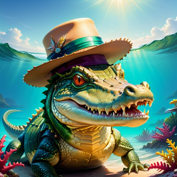 Illustration of a crocodile in a hat in the sea