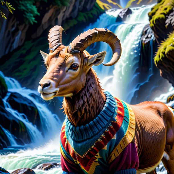 Picture of a ibex in a sweater in the waterfall