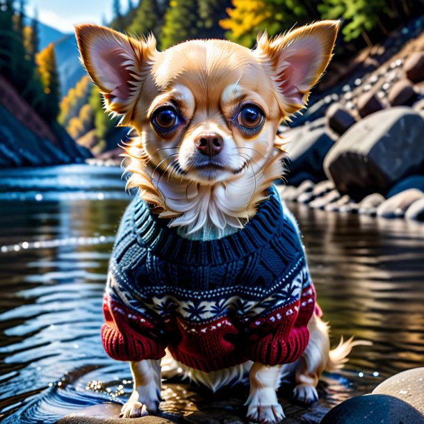 Foto de um chihuahua em um suéter no rio