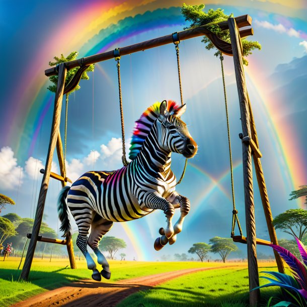 Pic of a swinging on a swing of a zebra on the rainbow