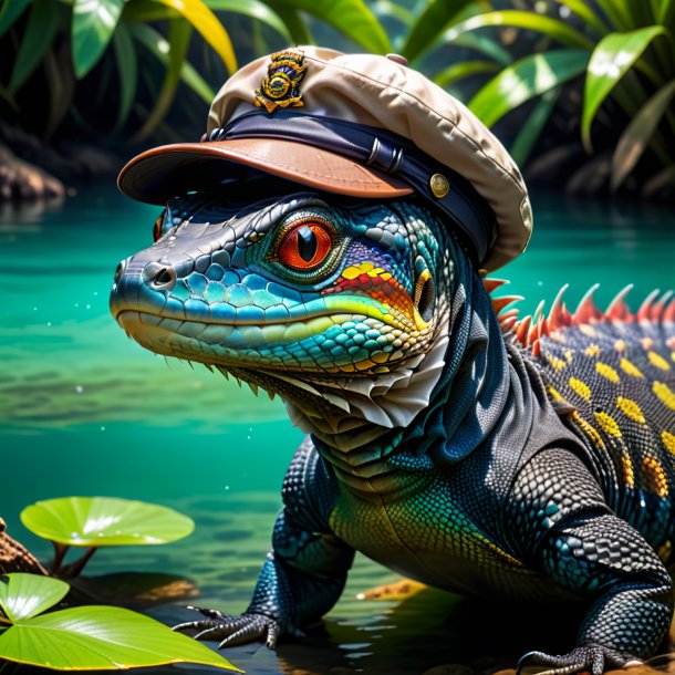 Image of a monitor lizard in a cap in the water