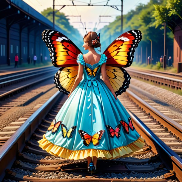 Drawing of a butterfly in a dress on the railway tracks