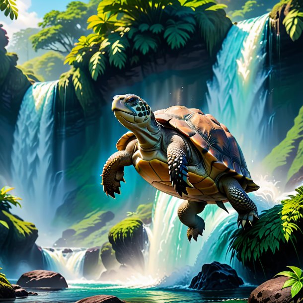 Image of a jumping of a tortoise in the waterfall