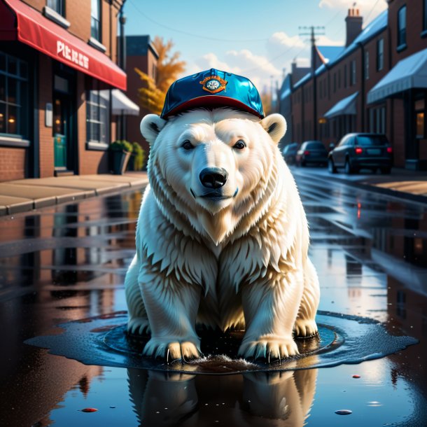 Illustration of a polar bear in a cap in the puddle