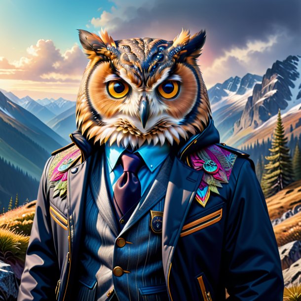 Drawing of a owl in a jacket in the mountains