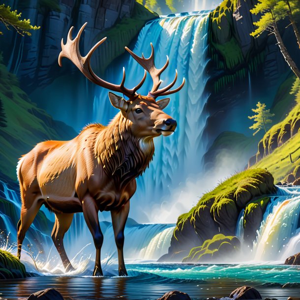 Image of a elk in a belt in the waterfall