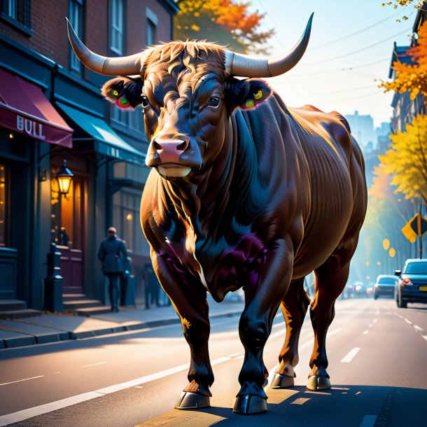 Illustration of a bull in a coat on the road