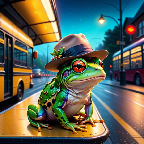 Illustration of a frog in a hat on the bus stop