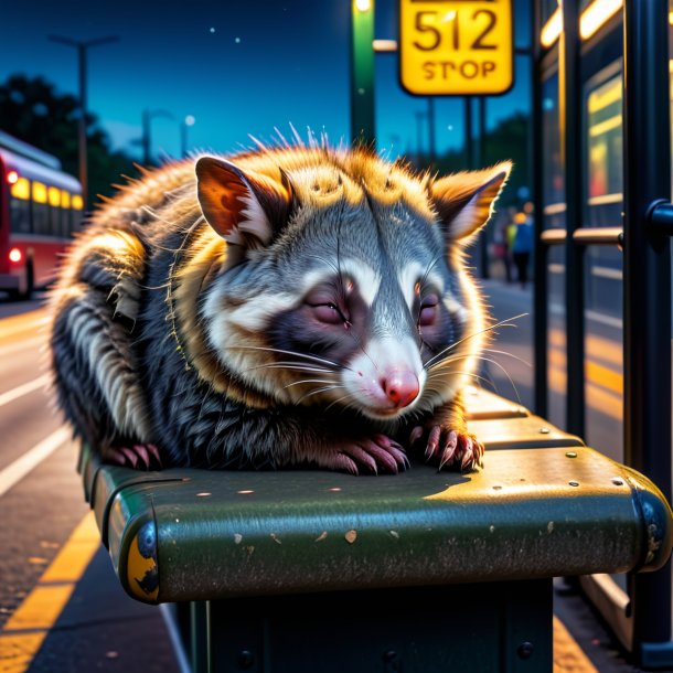 Image of a sleeping of a possum on the bus stop