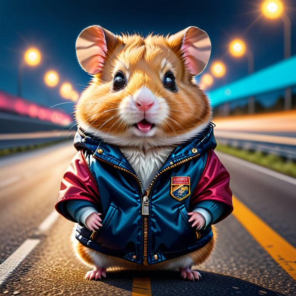 Image of a hamster in a jacket on the highway