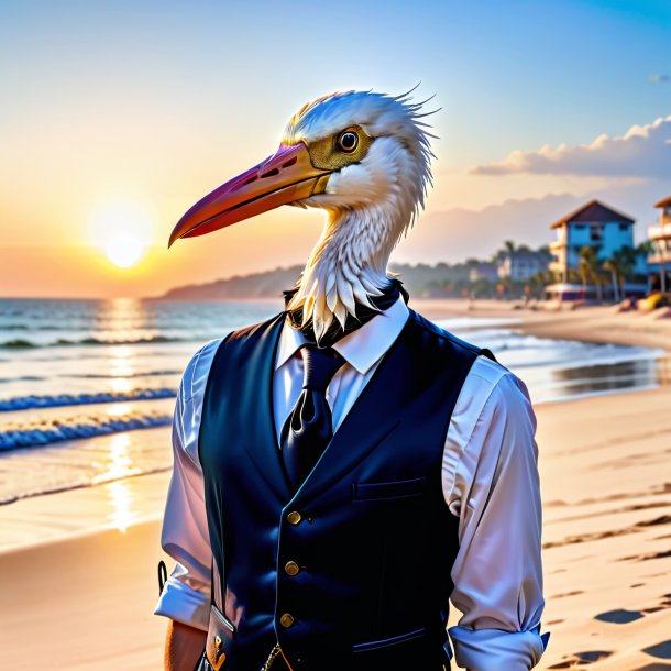 Pic of a stork in a vest on the beach