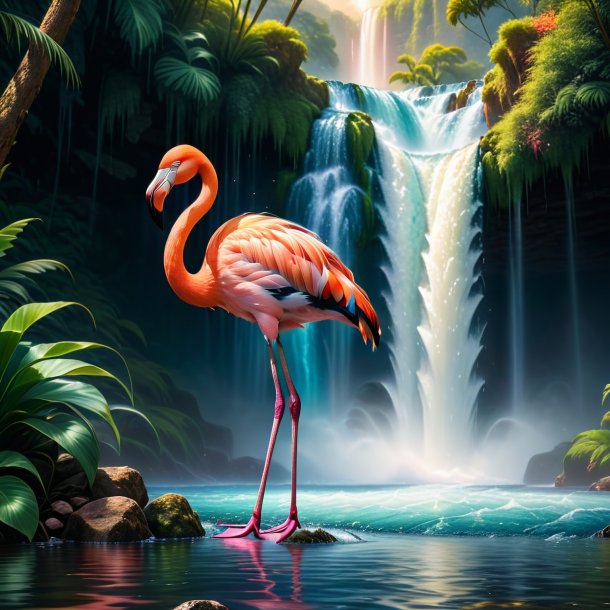 Picture of a flamingo in a jeans in the waterfall