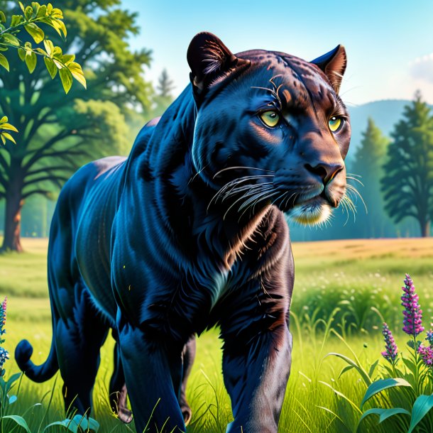 Image of a panther in a jeans in the meadow