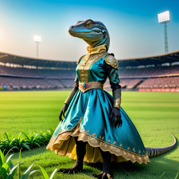 Photo of a monitor lizard in a dress on the field