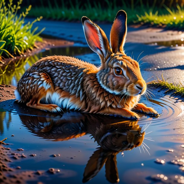 Photo of a sleeping of a hare in the puddle