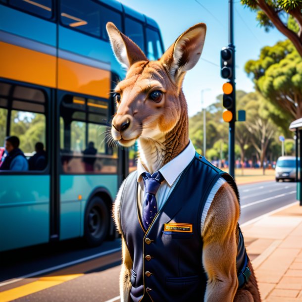 Imagem de um canguru em um colete no ponto de ônibus