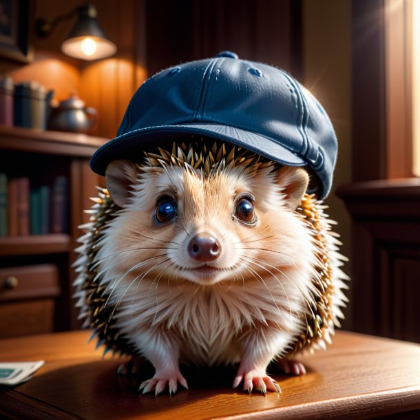 Drawing of a hedgehog in a cap in the house