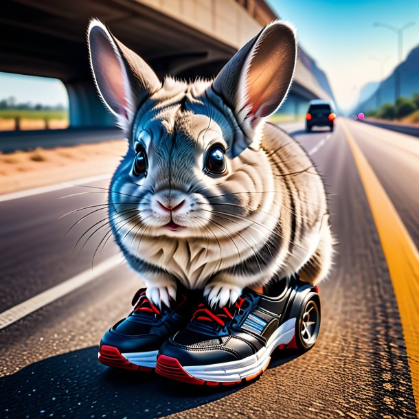 Imagen de una chinchillas en los zapatos en la carretera