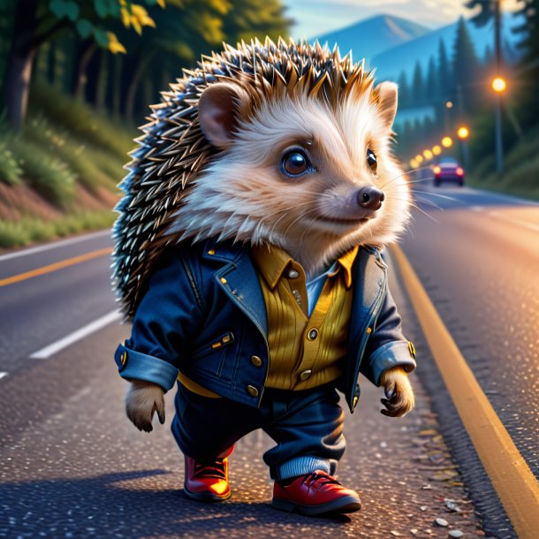 Drawing of a hedgehog in a trousers on the road