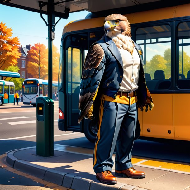 Illustration of a hawk in a trousers on the bus stop