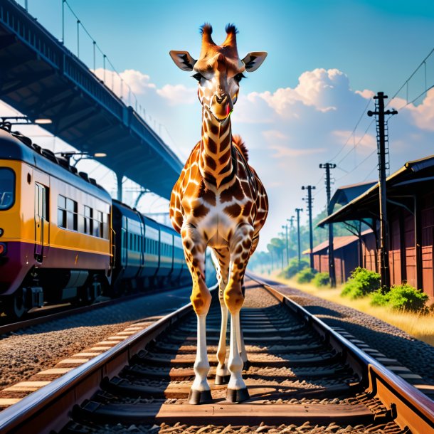 Picture of a giraffe in a hat on the railway tracks