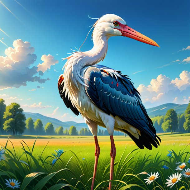 Drawing of a stork in a jeans in the meadow