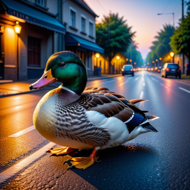 Photo of a resting of a duck on the road