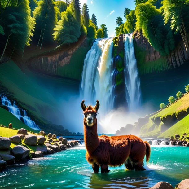 Photo of a swimming of a llama in the waterfall