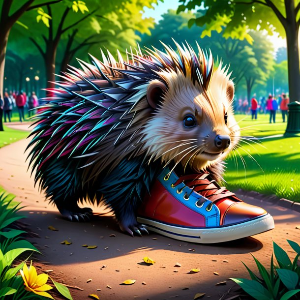 Drawing of a porcupine in a shoes in the park