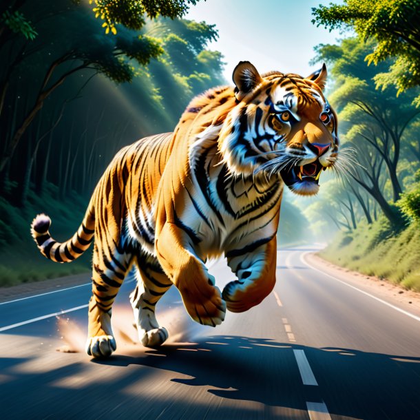 Pic d'un saut d'un tigre sur la route