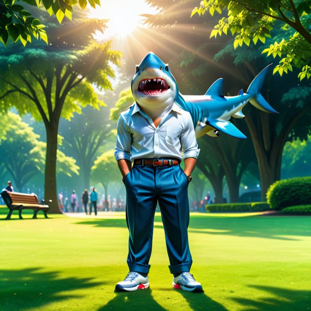 Image of a shark in a trousers in the park