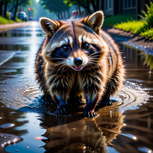 Image of a threatening of a raccoon in the puddle