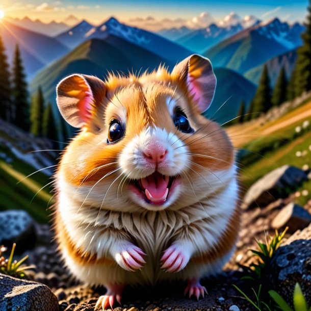 Image of a smiling of a hamster in the mountains