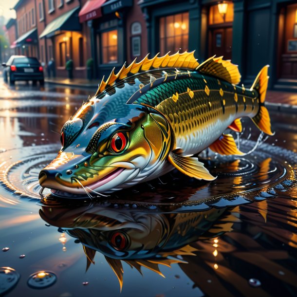 Illustration of a pike in a cap in the puddle