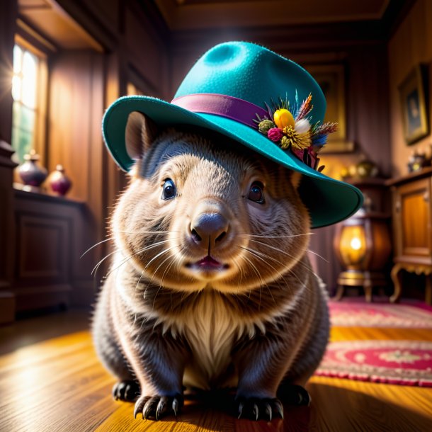 Pic of a wombat in a hat in the house